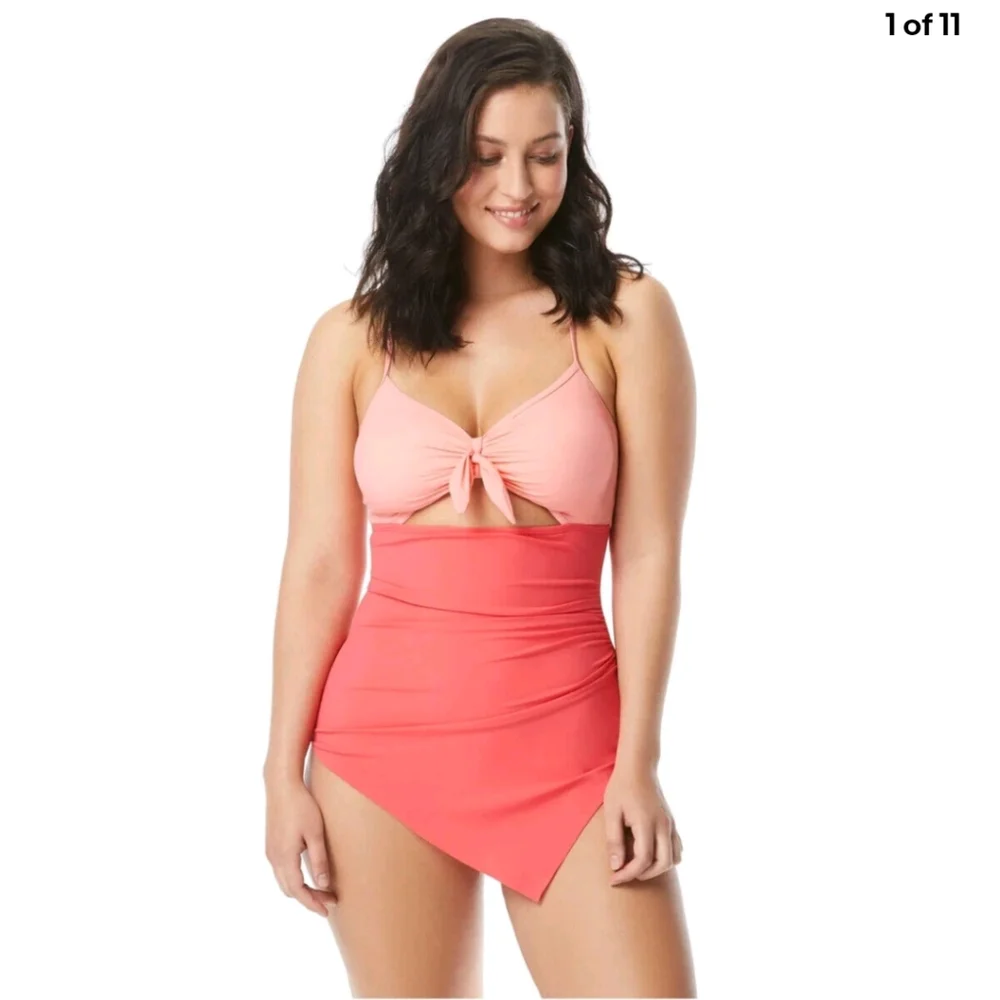 Contours Coco Reef Pink One Piece Peek a boo Skirted One Piece Swimsuit 10 34C - Picture 1 of 11